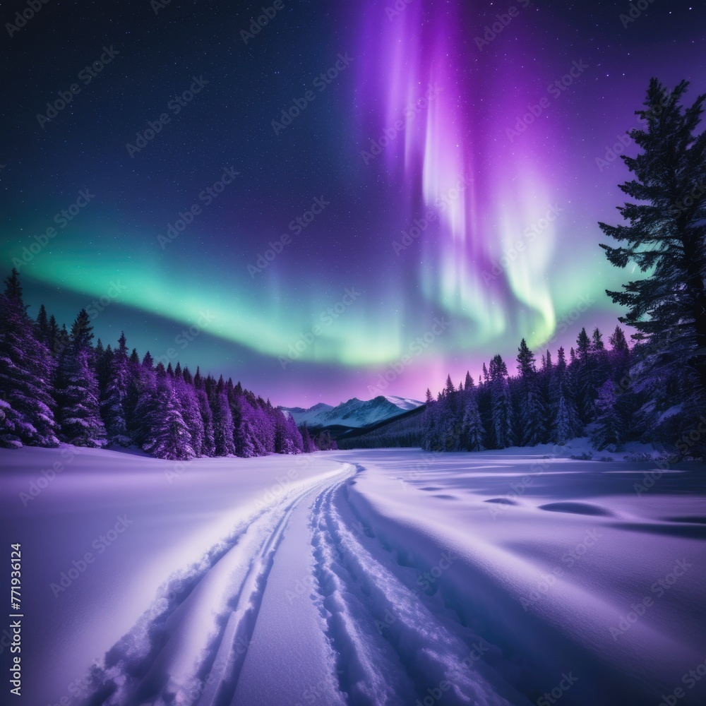 Purple aurora lights dance gracefully over a serene, snow-covered landscape under the starry night sky