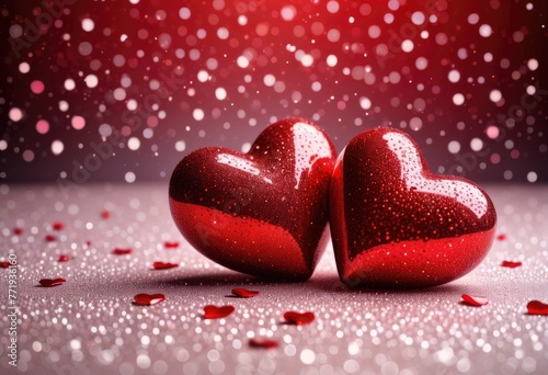 Red heart shapes set against an abstract background of shimmering light, encapsulating sweet and romantic Valentine's Day moments  photo