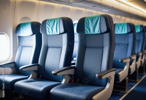 Rows of economy class passenger seats, typical in the cabin of an aircraft, providing seating for travelers