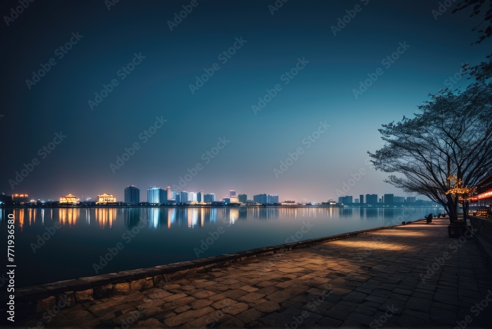 The cityscape along the shores of Jinji Lake in Wuxi, Jiangsu Province, China, offers picturesque views