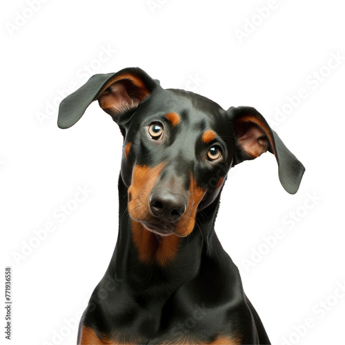 A Canidae dog of black and brown color gazes at the camera in 