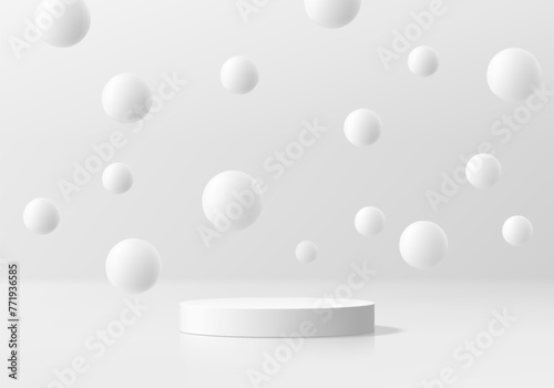 Realistic 3D white cylinder podium background with bounce ball or floating bubble. Wall minimal scene or mockup products stage showcase, Cosmetic banner promotion display. 3D abstract empty platforms.