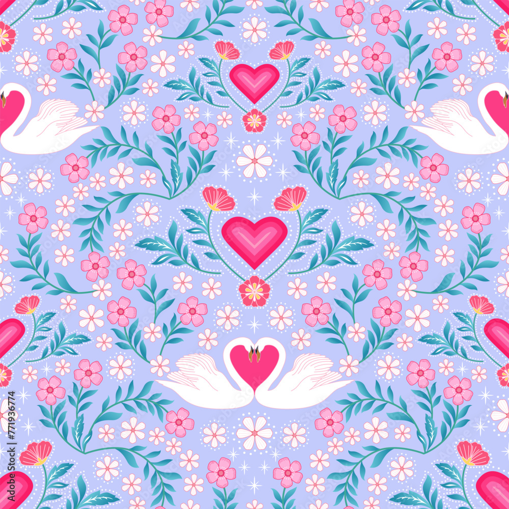 blue pink Love and white swan seamless pattern. cute heart floral print. botanical garden. good for fashion design, fabric, wallpaper, wrapping paper, pajama, summer spring dress, bedding textile