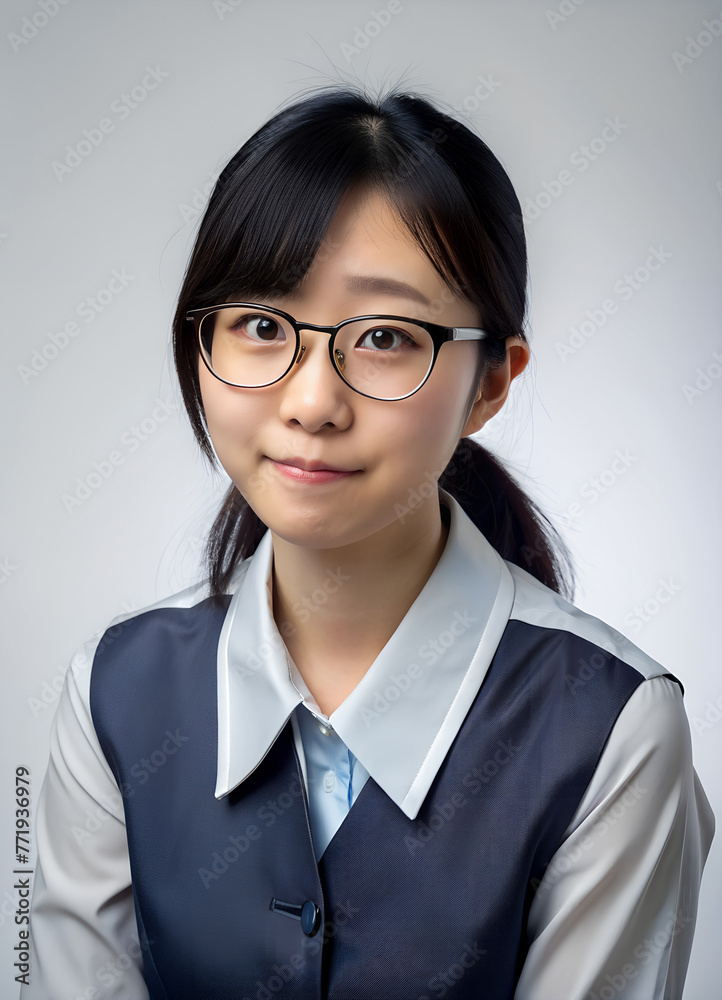 An asian young woman with glasses and a ponytail dressed in a shirt