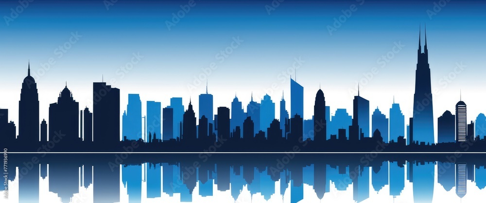 The silhouette of a large modern city stands against the blue hues of the sky