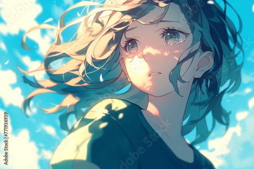 a beautiful anime girl looking into the camera, sad emotion while wind blowing