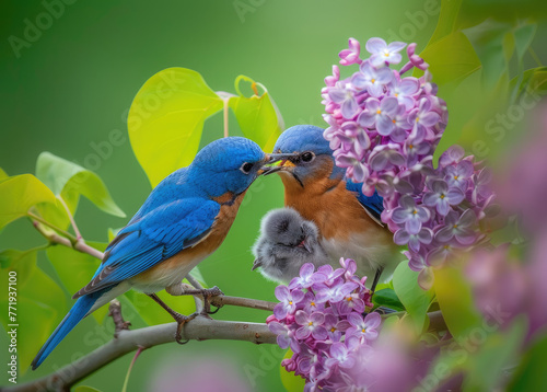 A bluebird is feeding its baby on the branch of an lilac flower, the little bird has open mouth and holds his beak towards it's mother for food © Kien