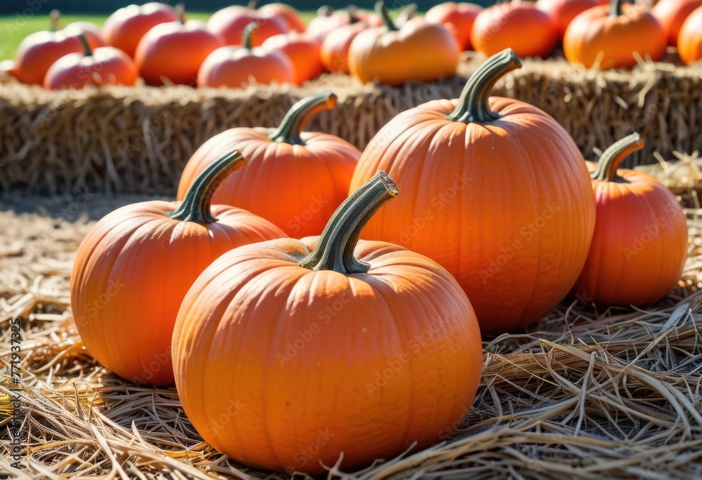 Vivid autumn scene pumpkins nestled on hay bales, a rustic closeup capturing farm tranquility
