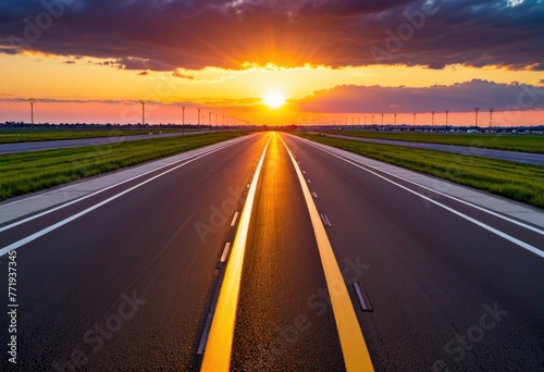 Watch as the evening sun casts a warm glow over an airport runway or road, creating a picturesque scene © SR Creative Idea