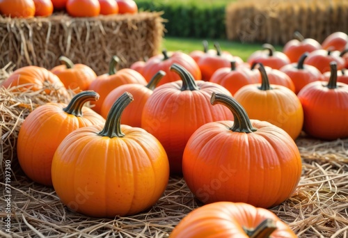 Vivid autumn scene pumpkins nestled on hay bales  a rustic closeup capturing farm tranquility