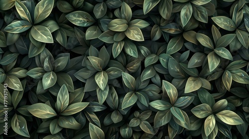 Dark green leaves  depicted in a hyper-detailed rendering style with aerial photography and vibrant color usage.