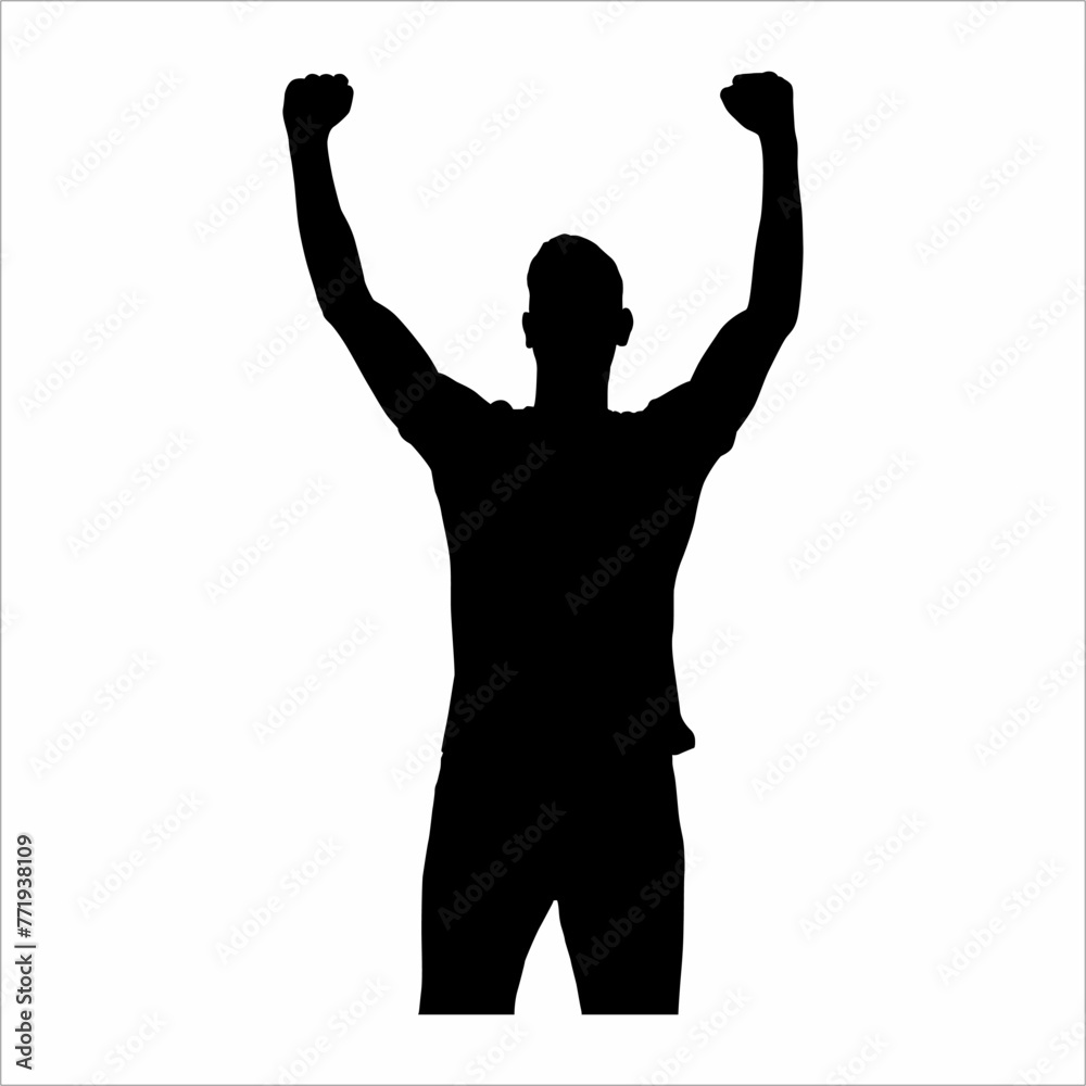Silhouette of a man raising his hands, happy, successful, music, disc jockey, music hall