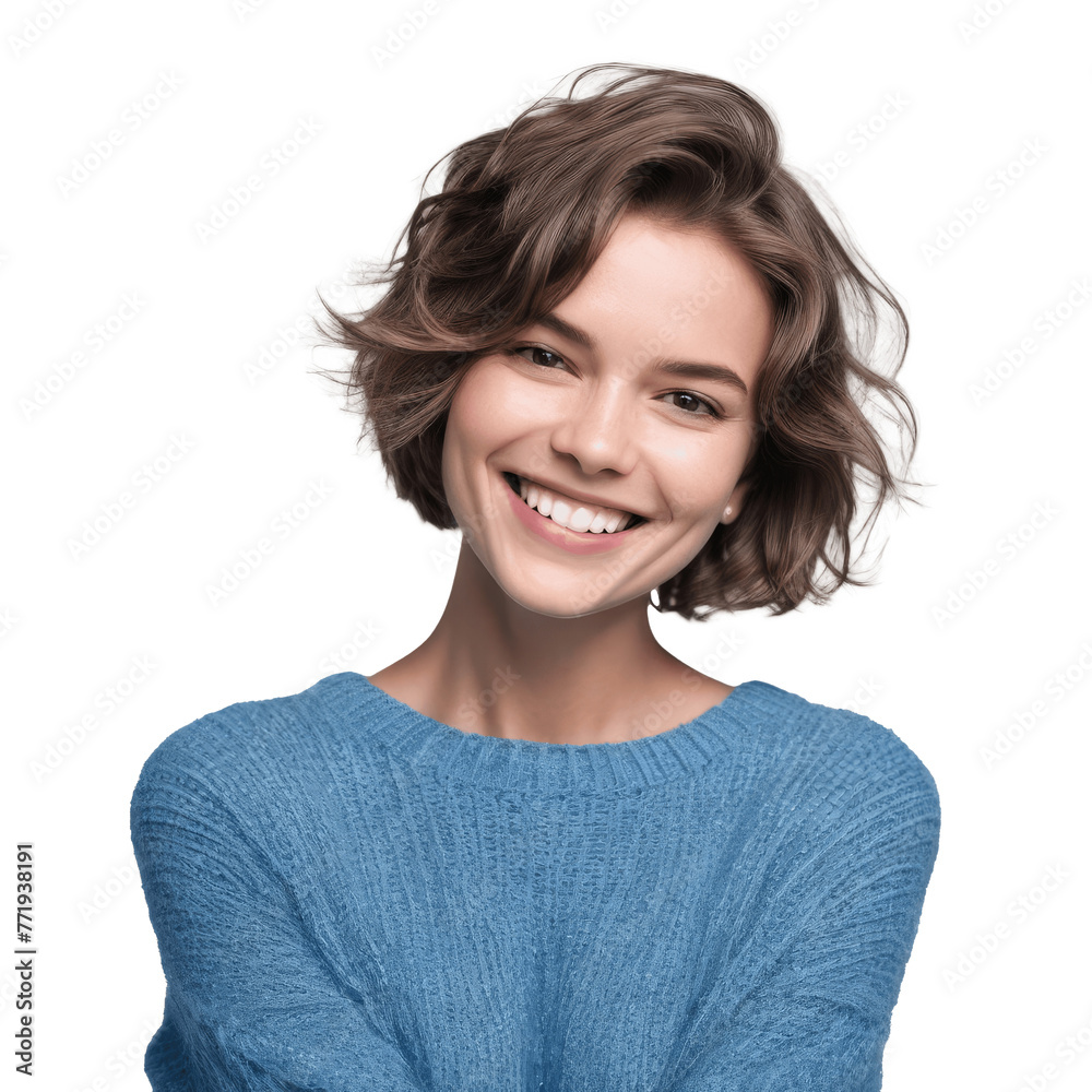 portrait of a smiling woman with short hair wearing blue shirt isolated on transparent background