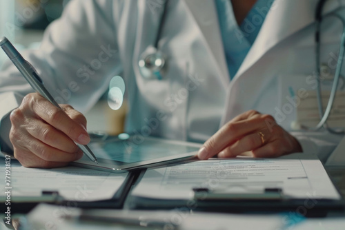 A medicine doctor working on a digital tablet and laptop computer, searching for information with medical documents on the table. Close-up view of the doctor writing prescriptions and filling out heal photo