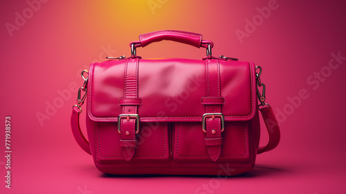 commercial photography, bag against hot pink background, mimimalist studio setup, close-up, no people, front angle shot, studio lightning, horizontal composition, in the style of high fashion, pink. photo