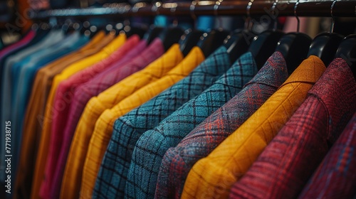 Color coordinated apparel displayed neatly in clothing store - Generative AI photo