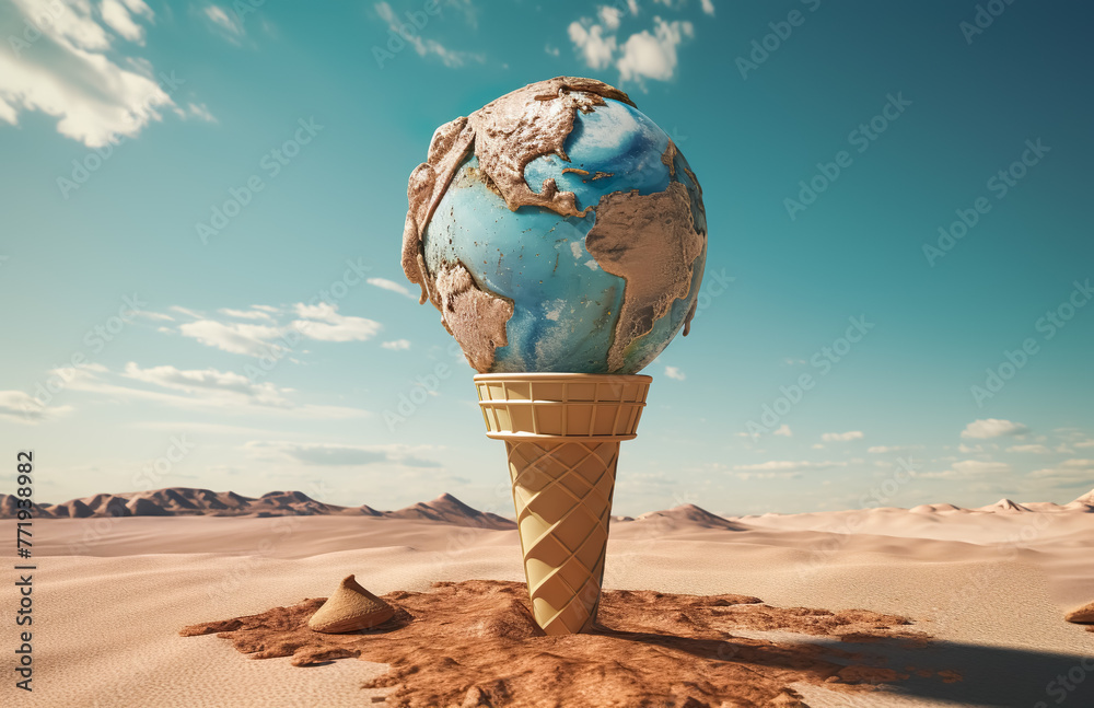 Earth ice cream melting with climate change or global warming concepts ...