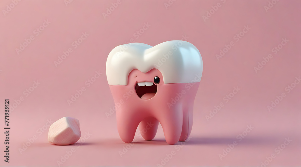 A 3d model Tooth character model mockup on pink isolated background cute dental concept, pink
