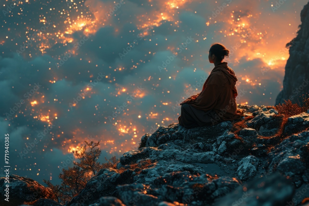 Buddhist monk meditating in the mountains Buddhist monk meditating in the mountains