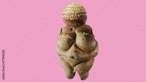Venus of Willendorf statue 11.1-centimetre-tall Venus figurine estimated to have been made around 29,500 years ago. 3D glitch Animation 4k Ancient motherhood and fertility symbol on pink background

 photo