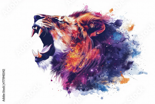 An abstract watercolor lion roars with a burst of colors and dynamic splashes,ai generated