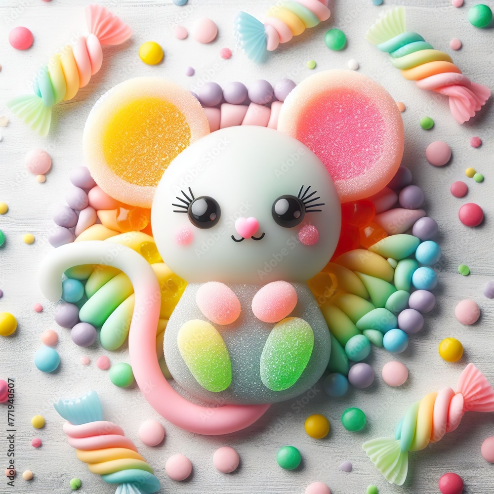 a cute Mouse made of pastel color rainbow gummy candy with candies around on a white background a cute Mouse made of pastel color rainbow gummy candy with candies around on a white background