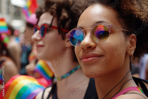 Multiracial gay people having fun at pride parade with LGBT flags, lesbian girls