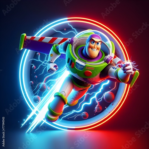 3D logo of Buzz Lightyear character, round frame.
