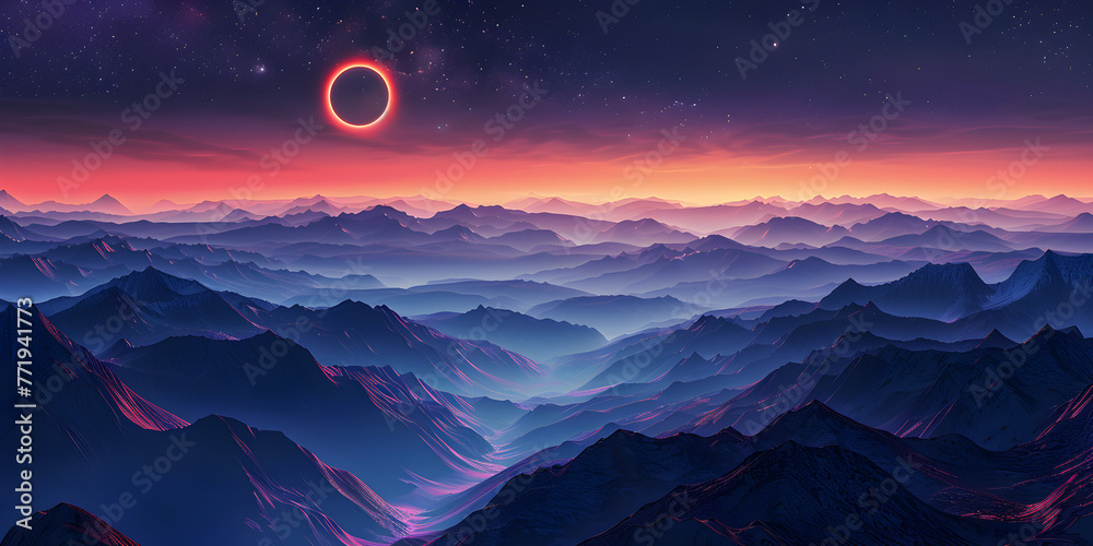  Artistic rendition of a solar eclipse over layer on the mountainous horizon dipping behind towering peaks and casting long shadows background and wallpaper, Fantasy of neon
