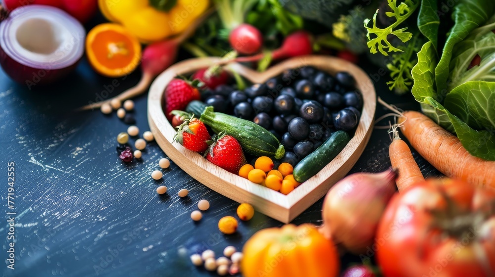 A heart shaped wooden plate filled with fresh fruits and vegetables, surrounded by an array of health foods A heart shaped wooden plate filled with fresh fruits and vegetables, surrounded by an array of health foods
