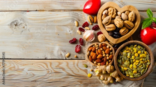 Colorful mix of nuts, seeds and dried fruits on wooden background with space for a healthy eating concept