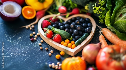 A heart shaped wooden plate filled with fresh fruits and vegetables, surrounded by an array of health foods photo
