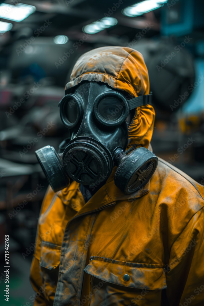 A worker wearing a gas mask in a factory A worker wearing a gas mask in a factory