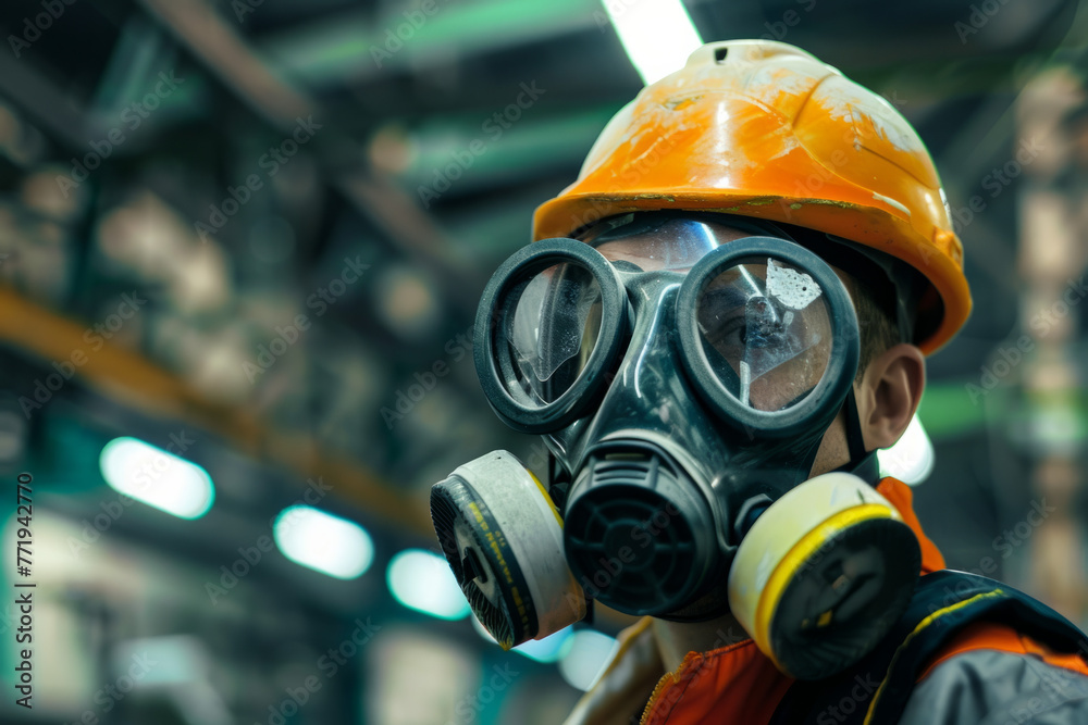 A worker wearing a gas mask in a factory A worker wearing a gas mask in a factory