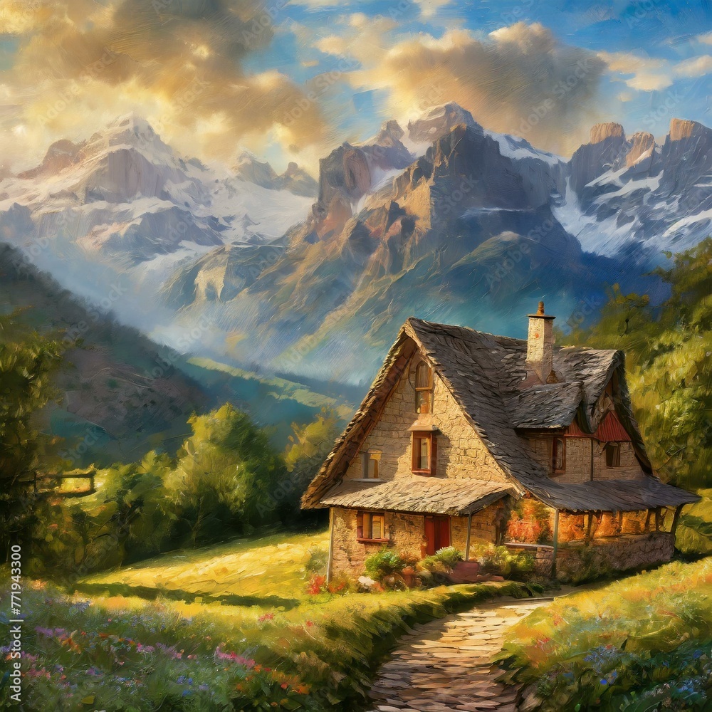 an atmospheric oil painting capturing the serene beauty of an ancient home nestled in the shadow of towering mountains. The warm, earthy tones of the landscape and the soft, diffused light filtering t