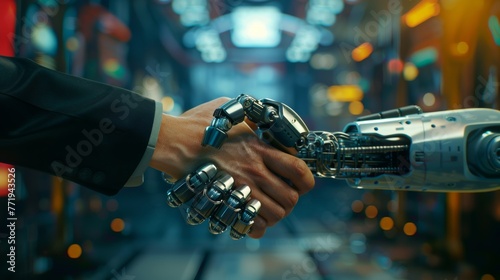 Human and robot handshake, futuristic connection, business technology. © Archil