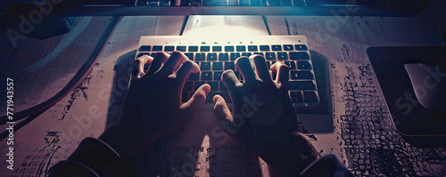 Hacker's hands on a keyboard, stolen identities on the screen