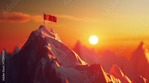 Sunset behind a stylized red flag on mountain peak.