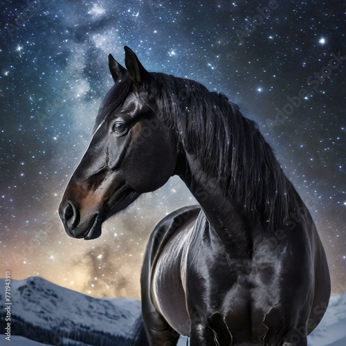 Black Mare With Starry Night Background