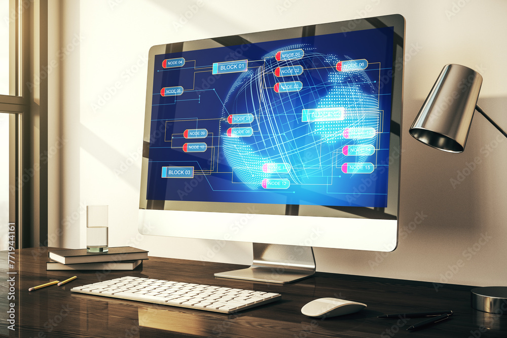 Modern computer monitor with abstract programming language with world map, research and development concept. 3D Rendering Modern computer monitor with abstract programming language with world map, research and development concept. 3D Rendering
