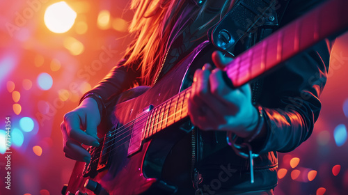 Close up hand playing a guitar in a club with a bright neon light in the background