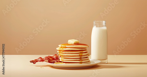 A stack of pancakes with butter and syrup on a plate and a glass of milk