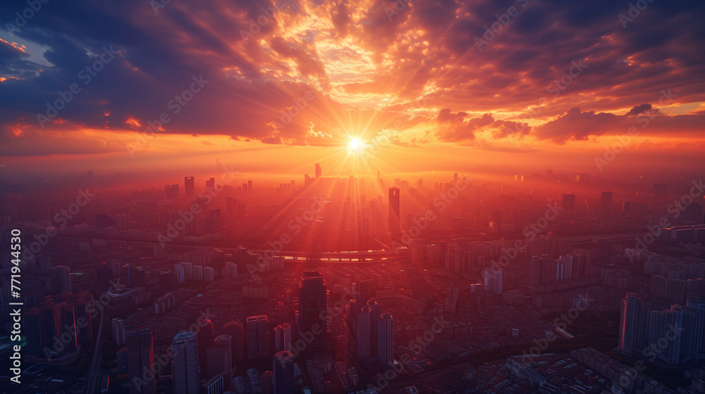 A city skyline is lit up by the sun, creating a warm and inviting atmosphere A city skyline is lit up by the sun, creating a warm and inviting atmosphere