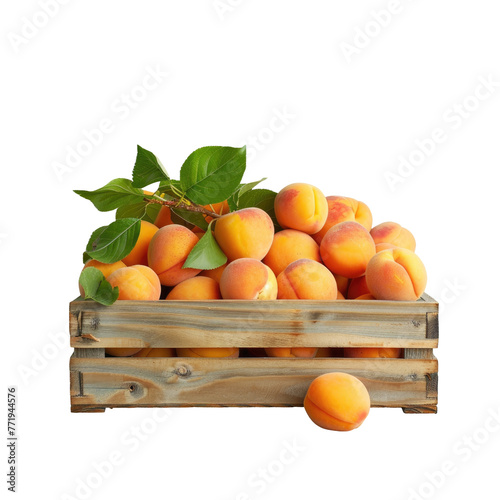 Wooden box with peaches, leaves, and citrus fruits on transparent background