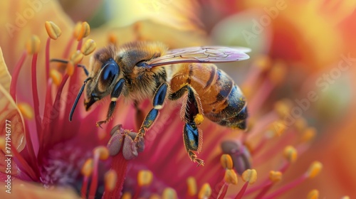 Detailed close-up of a honeybee delicately collecting nectar from a colorful flower, showcasing the essential role of bees in pollination. © Nawarit