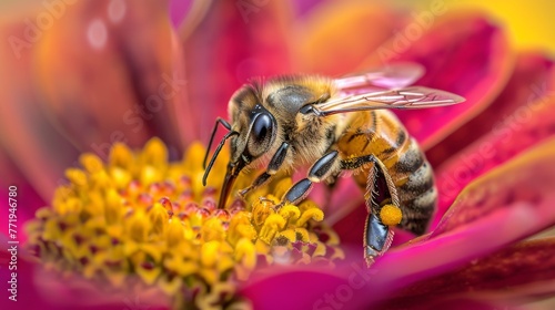 A meticulously captured close-up unveils the intricate process of a honeybee gently gathering nectar from a vibrant flower, underscoring the crucial role bees play in pollination. © Nawarit