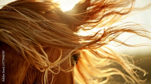 Close-up of a horse's mane flowing in the wind, symbolizing freedom and vitality in equines.