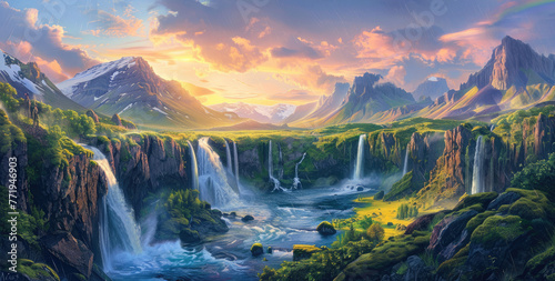 A panoramic view of the majestic nature of Iceland  showcasing cascading waterfalls and lush greenery under a vibrant sunset sky with rainbows