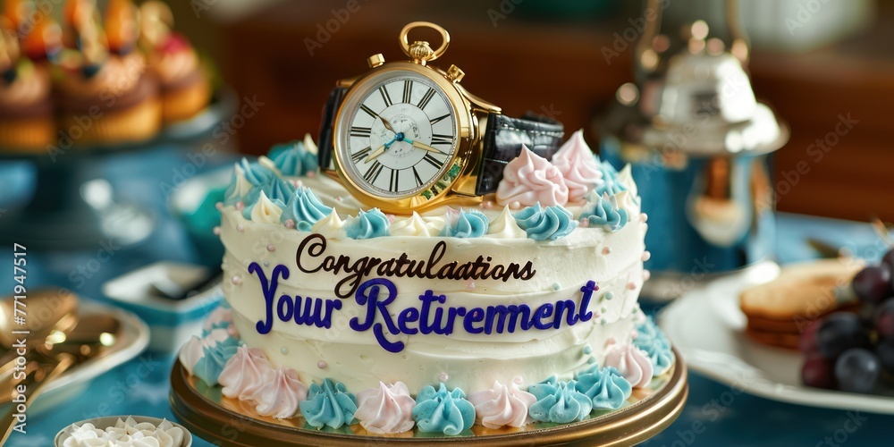 A retirement cake with a gold watch and 