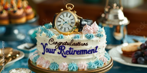 A retirement cake with a gold watch and "Congratulations on Your Retirement" written on it. 